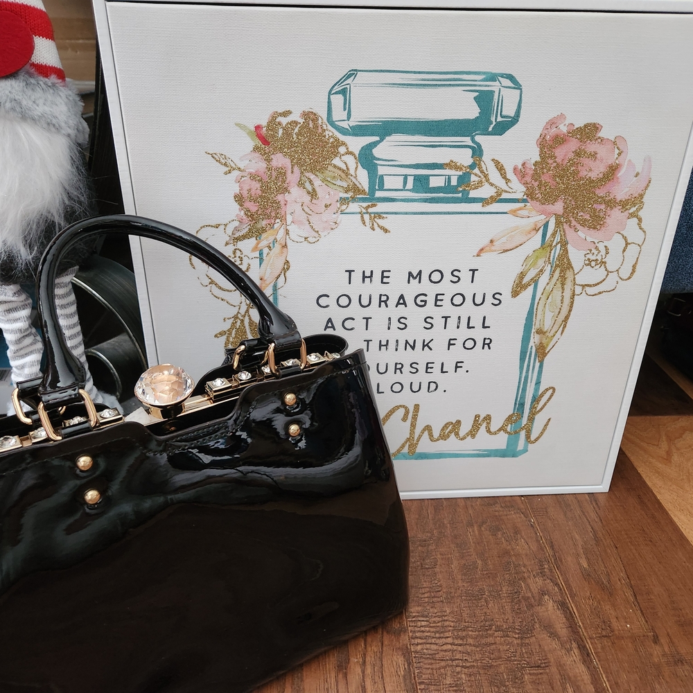 Black Patent Leather Handbag with Gold Accents